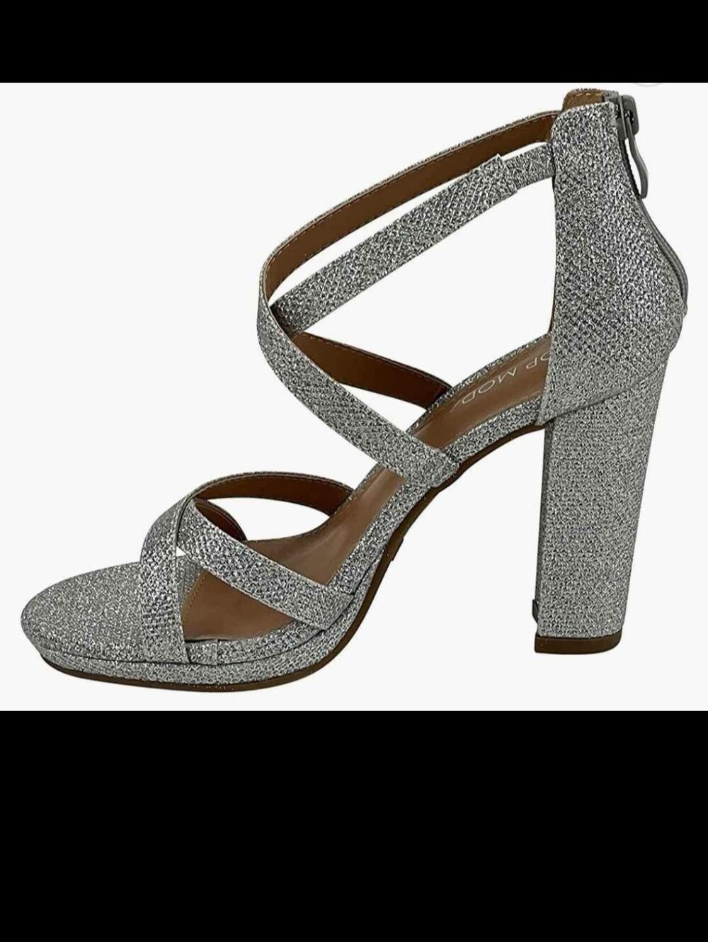 TOP Moda Silver Glitter Crisscross Block Heel Sandal Claire-50 New In Box 8.5